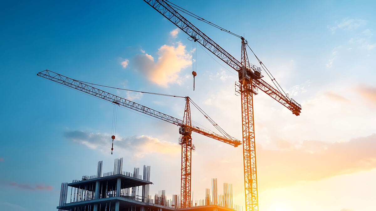 Construction cranes at sunset in city skyline.