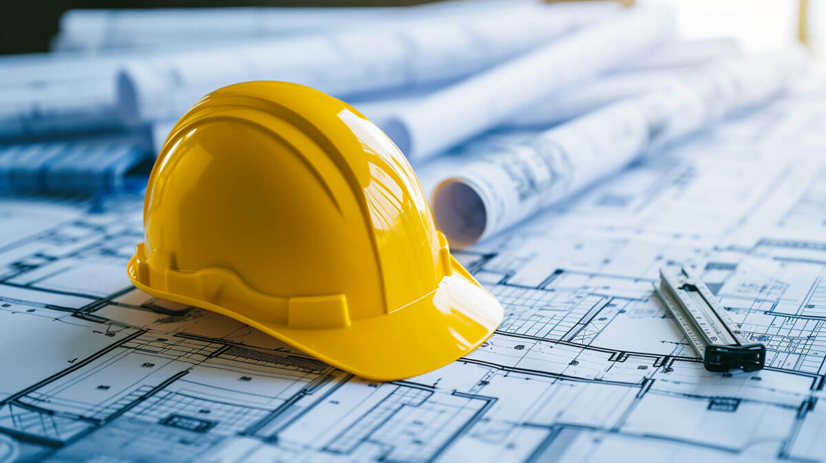 Yellow hard hat on architectural blueprints.