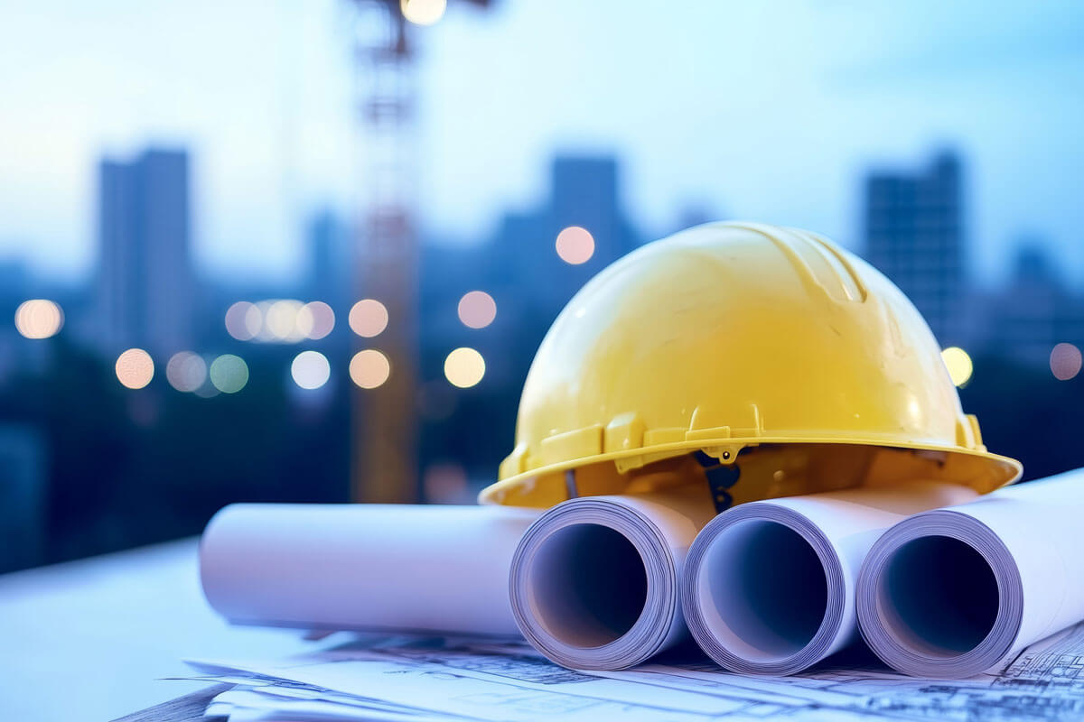Yellow helmet and blueprints at construction site.