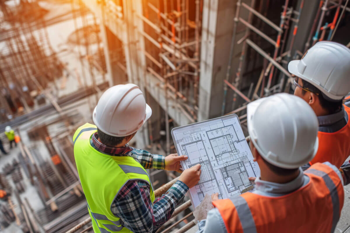 Engineers review construction plans on site.